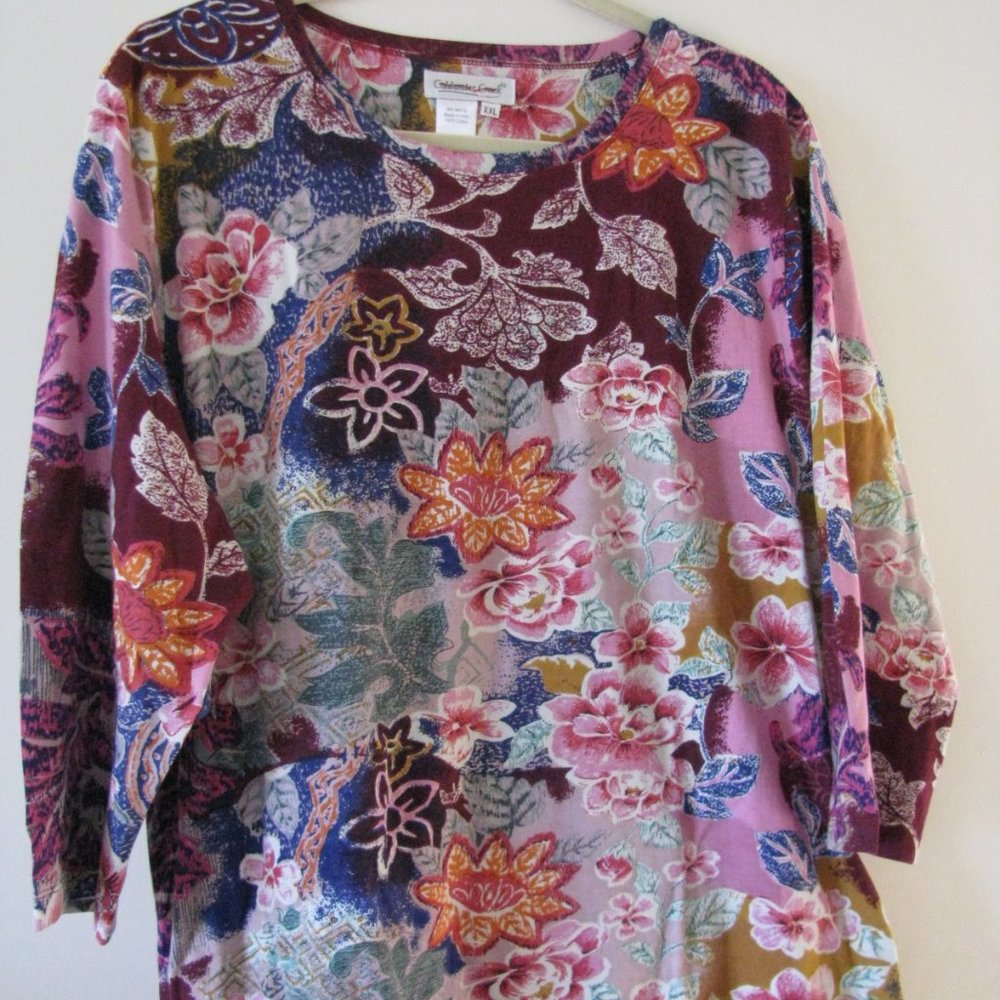 Coldwater Creek Berry Red Patch Floral Medium Top